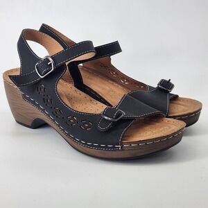Patrizia by Spring Step Black Wedge Sandals Laser Cut Buckle Slingback Womens 8